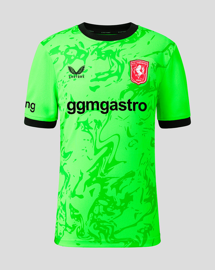 Front view of neon green FC Twente junior keeper shirt with black collar and bold pattern, crest on the chest.