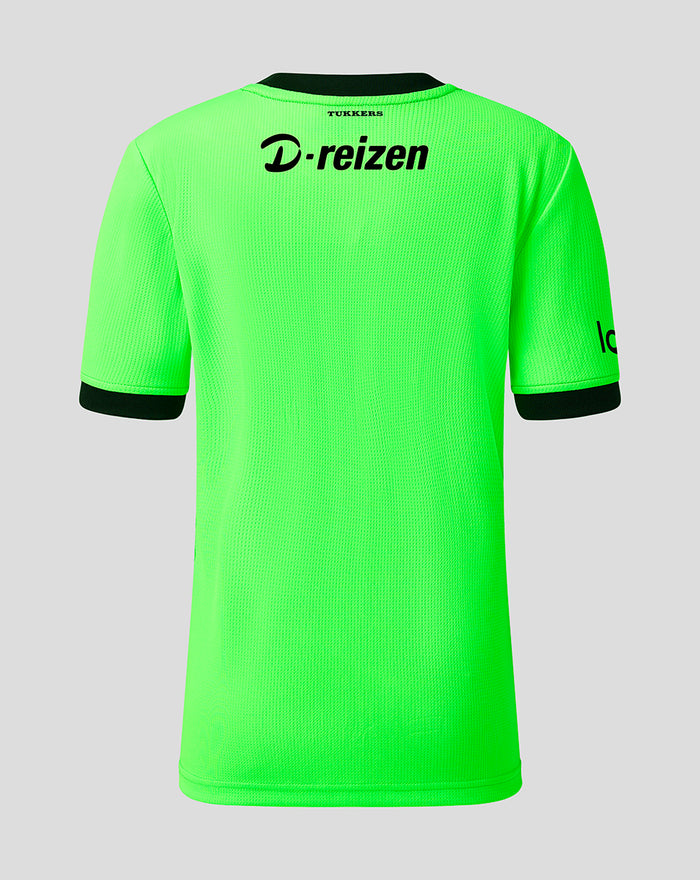 Back view of neon green FC Twente junior keeper shirt with D-reizen sponsor across the upper back.