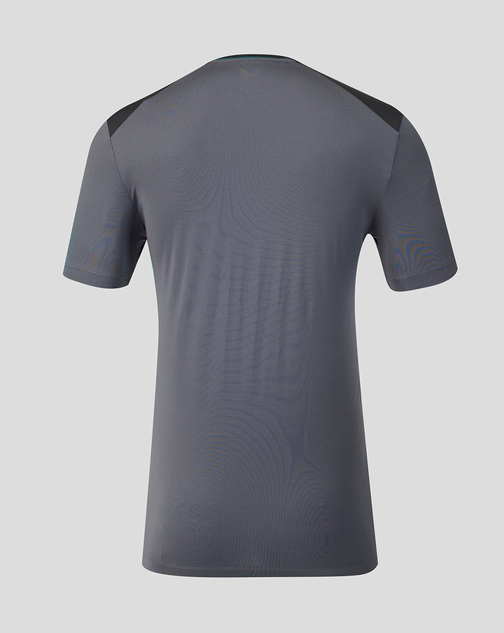 Back view of a gunmetal FC Twente coaches T shirt for juniors with dark shoulder panels.