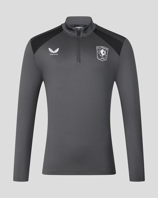 Front view of gray FC Twente training 26/27 Coaches Midlayer Top with black shoulder panels, Castore logo and club crest