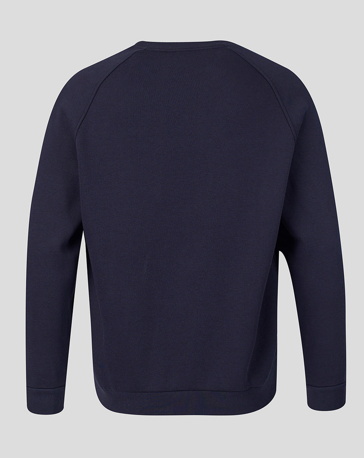 Back view of navy FC Twente Travel fleece sweater with ribbed cuffs and hem