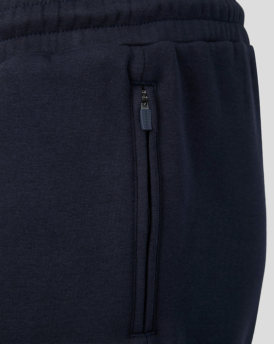 Navy fleece shorts with zippered side pocket and Castore zipper pull