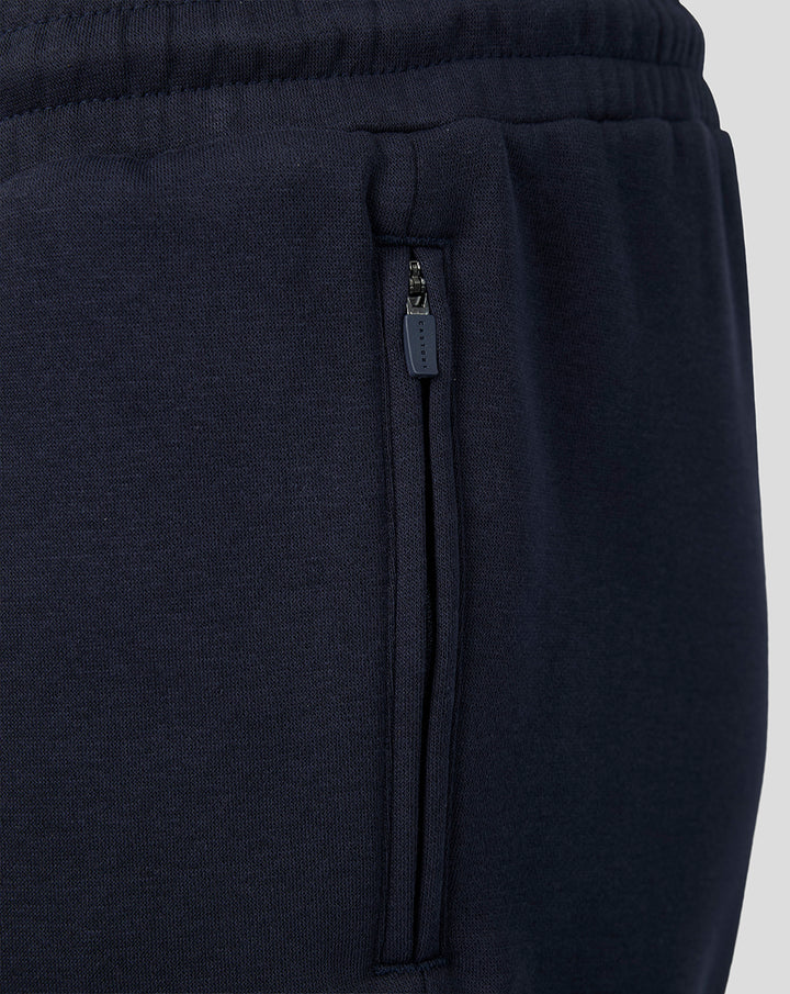 Navy fleece shorts with zippered side pocket and Castore zipper pull