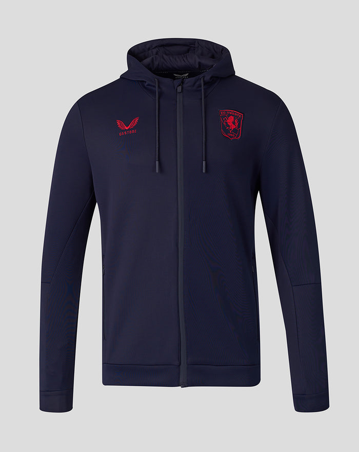 Front view of navy FC Twente Travel Flex hoodie with crest on chest and Castore emblem