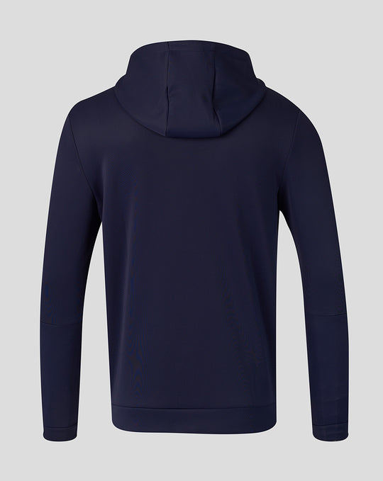 Back view of navy FC Twente Travel 26/27 Flex FZ Hoodie for men with hood.