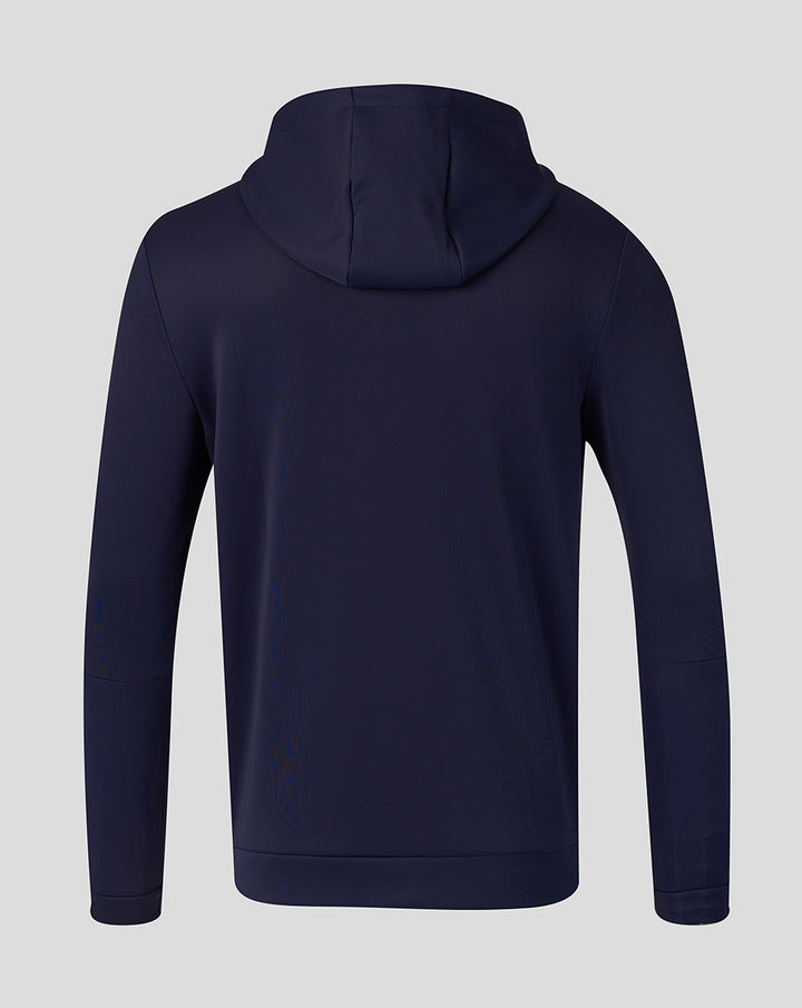 Back view of navy FC Twente Travel 26/27 Flex FZ Hoodie for men with hood.