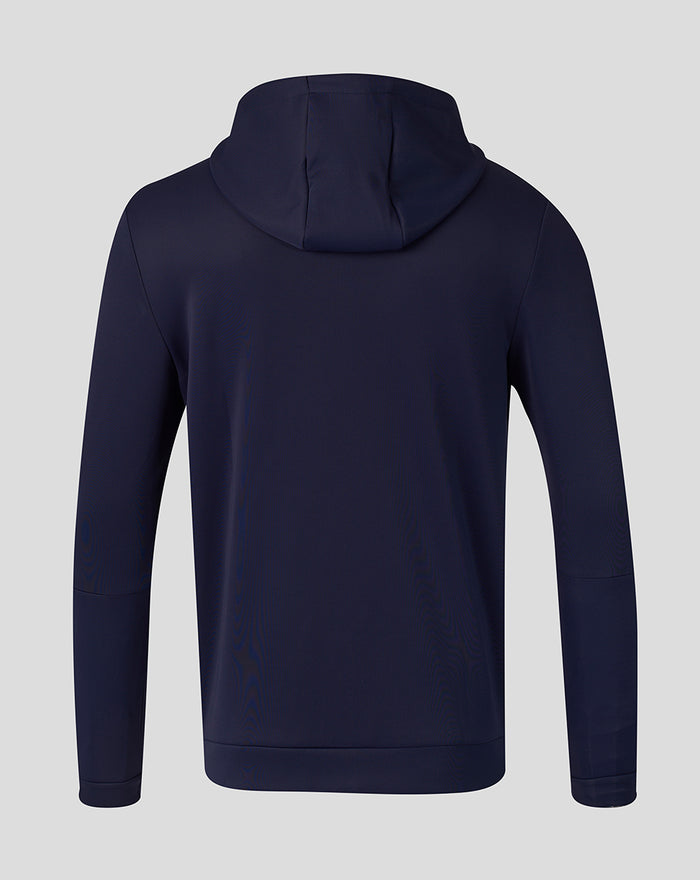 Back view of navy FC Twente Travel 26/27 Flex FZ Hoodie for men with hood.