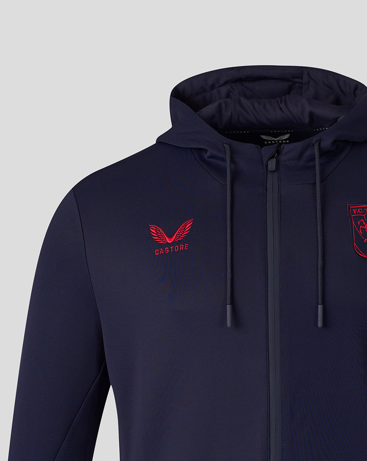 Navy FC Twente Travel 26/27 Flex FZ hoodie for men with red crest on chest and Castore logo on the opposite side
