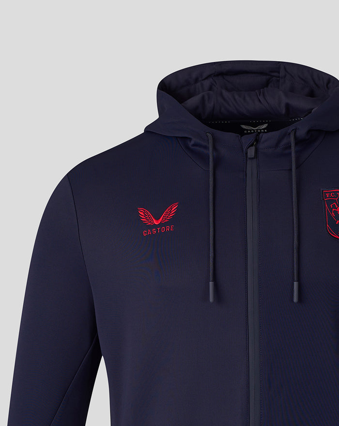 Navy FC Twente Travel 26/27 Flex FZ hoodie for men with red crest on chest and Castore logo on the opposite side