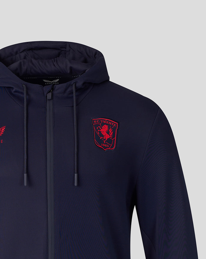Navy FC Twente Travel 26/27 Flex FZ hoodie for men with red crest patch on chest and drawstring hood