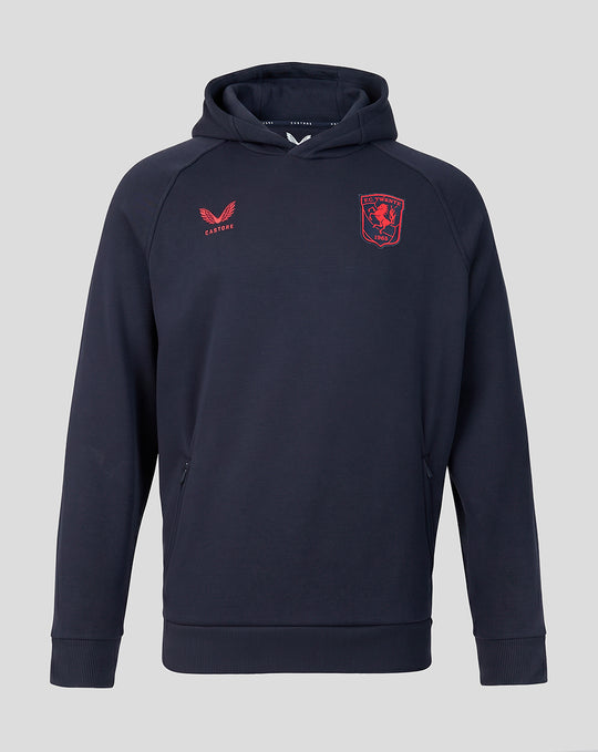 Navy FC Twente travel fleece hoodie front view showing red crest on chest and Castore logo.