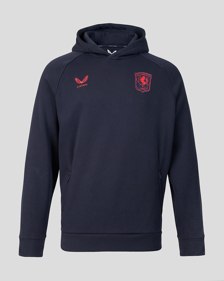 Navy FC Twente travel fleece hoodie front view showing red crest on chest and Castore logo.