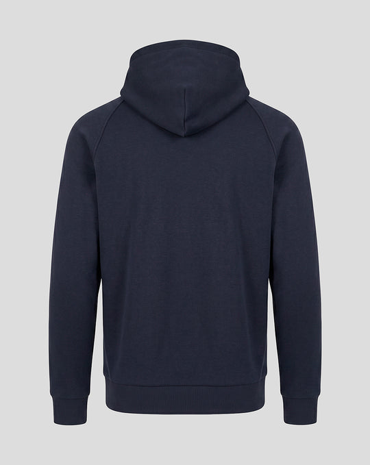 Back view of navy FC Twente travel fleece overhead hoodie with plain back, attached hood, ribbed cuffs and hem.
