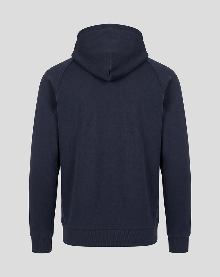 Back view of navy FC Twente travel fleece overhead hoodie with plain back, attached hood, ribbed cuffs and hem.