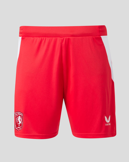 Close-up of red FC Twente home shorts waistband with crest patch on the side
