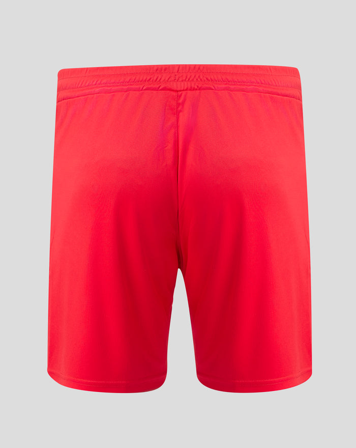 Back view of red FC Twente home shorts with elastic waistband and white side panel