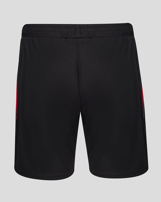 Back view of black FC Twente away shorts for men with an elastic waistband and red side panel.