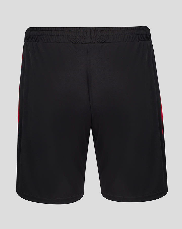 Back view of black FC Twente away shorts for men with an elastic waistband and red side panel.
