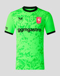Neon green FC Twente keepers shirt back view with black collar trim and D-reizen sponsor