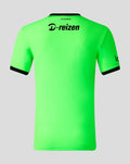 Neon green FC Twente keeper shirt front view with crest on left chest and ggmastro sponsor across the front