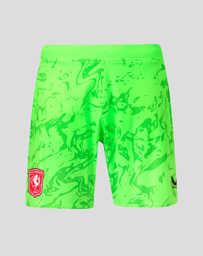 Neon groene keepershort met camouflage patroon en FC Twente badge op linkerpijp.