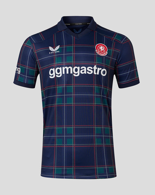 FC Twente fourth shirt 26/27 junior front view with navy tartan plaid and white sponsor logo across the chest