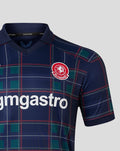 Front of navy FC Twente fourth shirt 26/27 with crest on the chest and ggmgastro sponsor on a tartan plaid pattern.