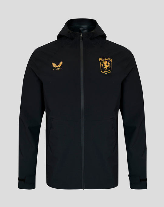 Black FC Twente rain jacket with hood full front zipper and gold crest on chest and Castore logo