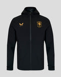 Black FC Twente rain jacket with hood full front zipper and gold crest on chest and Castore logo