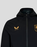 Close up of black FC Twente training jacket front showing crest and Castore logo near zipper