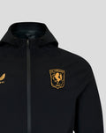 Front view of black FC Twente training jacket with hood and gold crest on chest