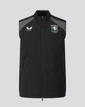 Front view of black FC Twente training gilet with high collar and full zipper, crest on left chest and Castore logo on right.