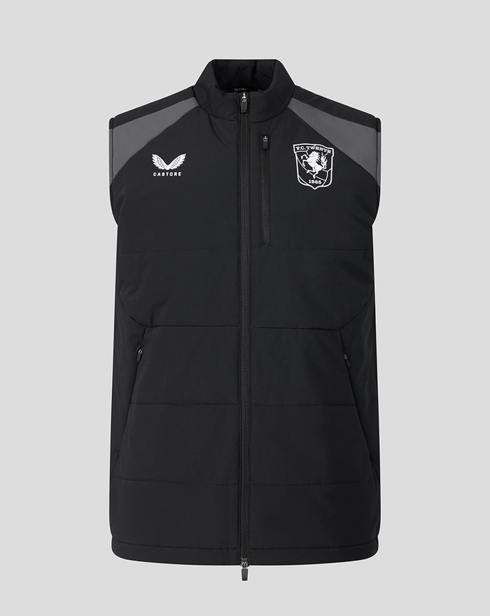 Front view of black FC Twente training gilet with high collar and full zipper, crest on left chest and Castore logo on right.