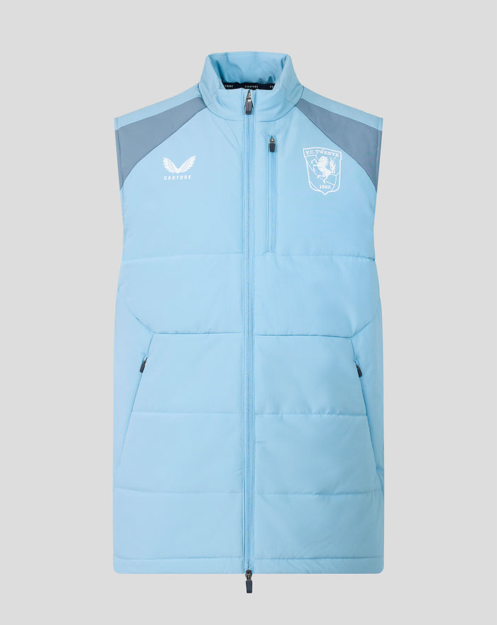 Front view of a light blue padded FC Twente training gilet with chest crest and Castore logo