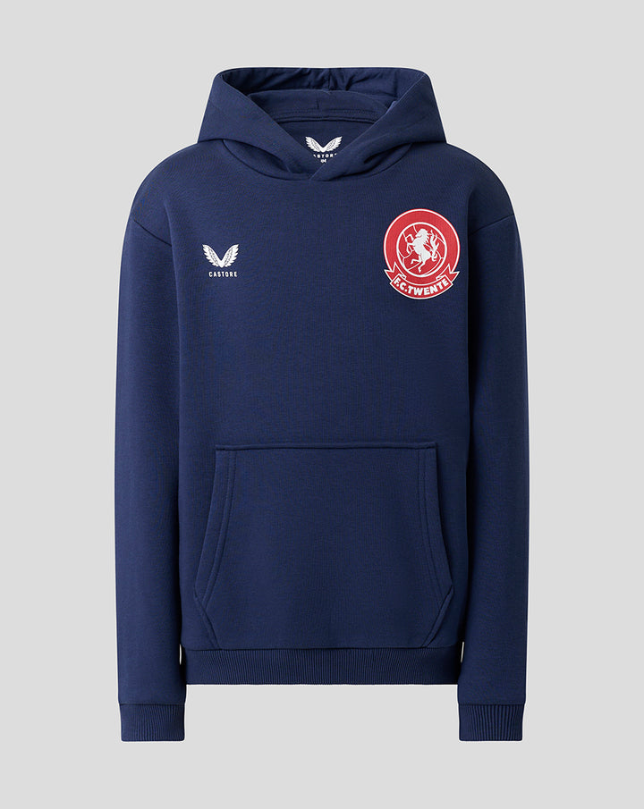 Navy blue FC Twente junior hoodie with crest badge and Castore branding and front pocket