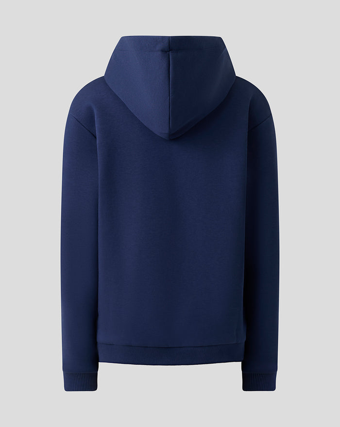 Back view of navy FC Twente Vierde Hoodie with hood and clean sporty silhouette