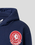 Close-up of navy FC Twente Vierde Hoodie left chest crest with hood visible