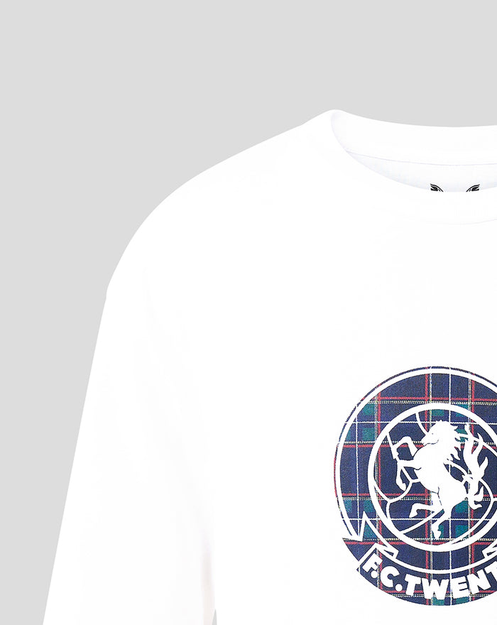 Witte FC Twente Vierde T-shirt met ronde tartan badge op de borst