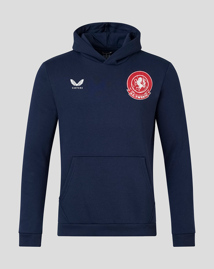 Navy men's FC Twente Vierde Hoodie with hood and crest on the chest and Castore branding
