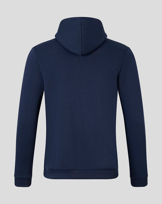 Back view of a navy FC Twente Vierde Hoodie for men with hood and relaxed fit.