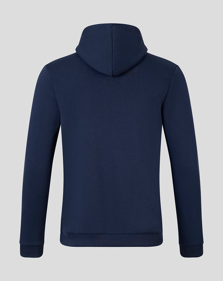 Back view of a navy FC Twente Vierde Hoodie for men with hood and relaxed fit.