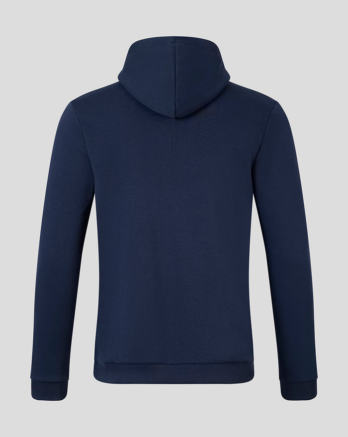 Back view of a navy FC Twente Vierde Hoodie for men with hood and relaxed fit.
