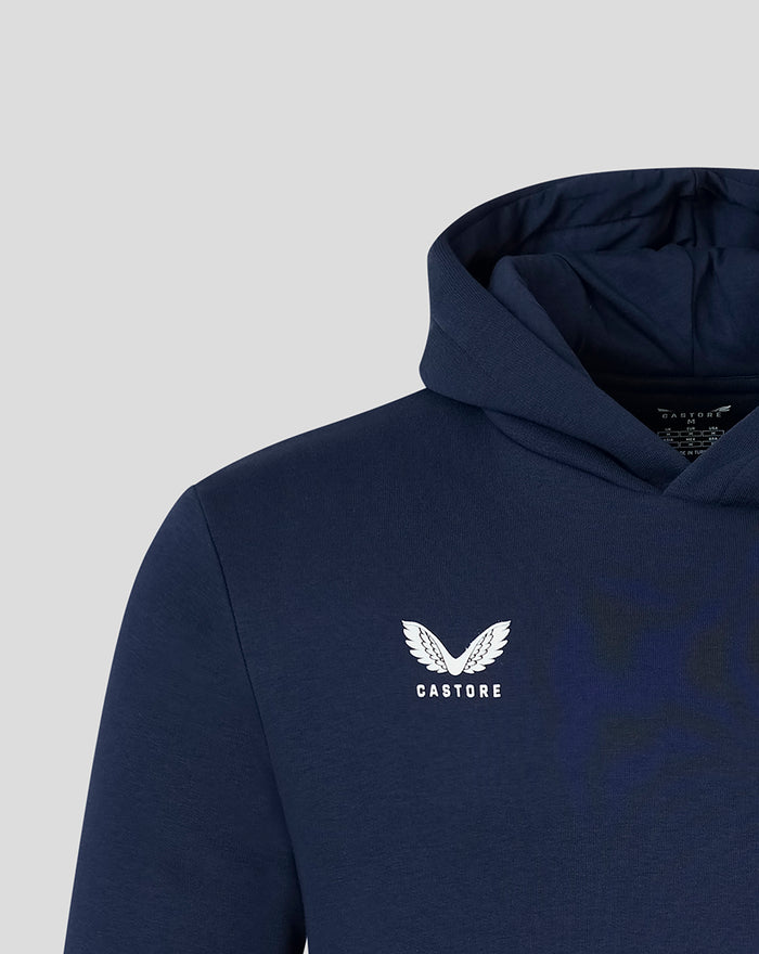 Close up of the navy hoodie neck area with Castore logo and partial FC Twente crest.