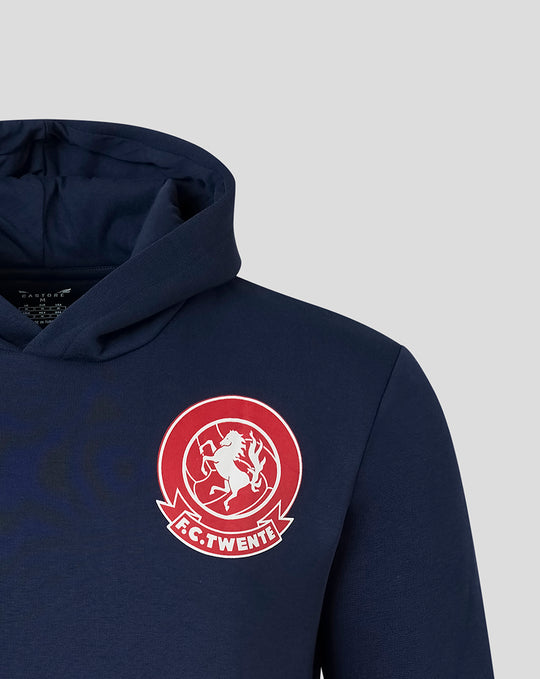 Close up of navy FC Twente hoodie showing the hood and the FC Twente crest on the chest.