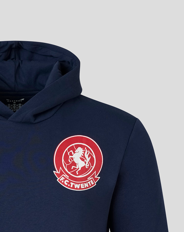 Close up of navy FC Twente hoodie showing the hood and the FC Twente crest on the chest.