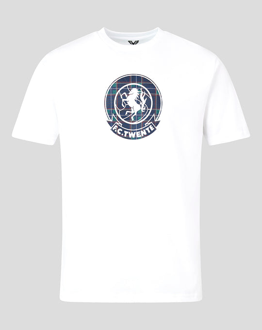 White FC Twente Vierde T-shirt featuring the plaid crest graphic centered on the chest