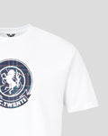 Close-up of neck and chest on white FC Twente Fourth T-shirt with circular plaid crest