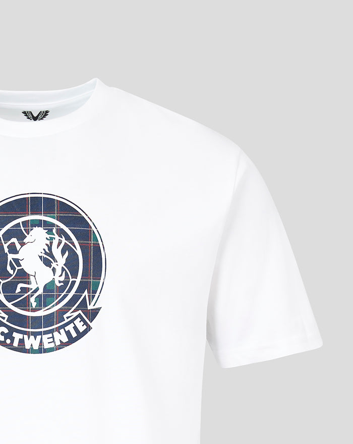 Close-up of neck and chest on white FC Twente Fourth T-shirt with circular plaid crest