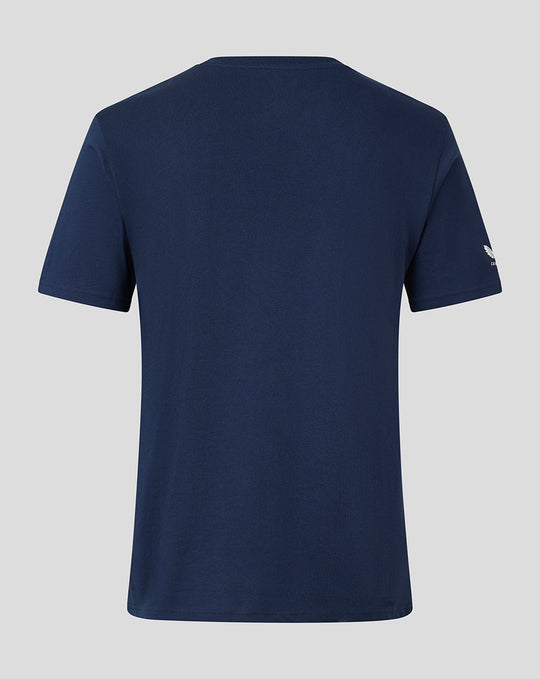 Achterkant van donkerblauwe FC Twente Vierde T-shirt met subtiel mouwlogo