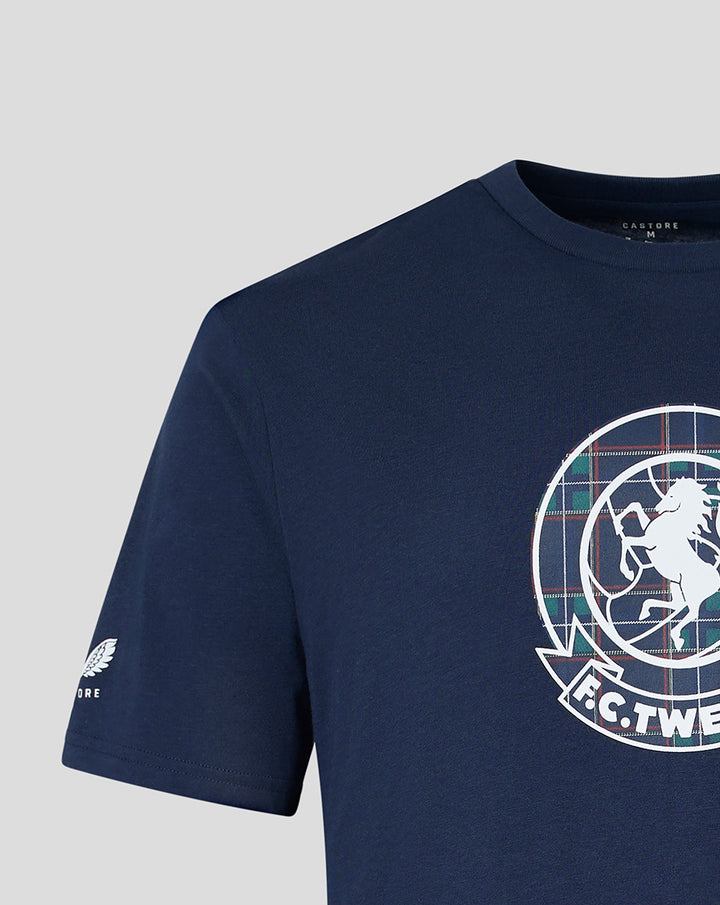 Close up of navy FC Twente Fourth T-shirt front with crest and sleeve logo